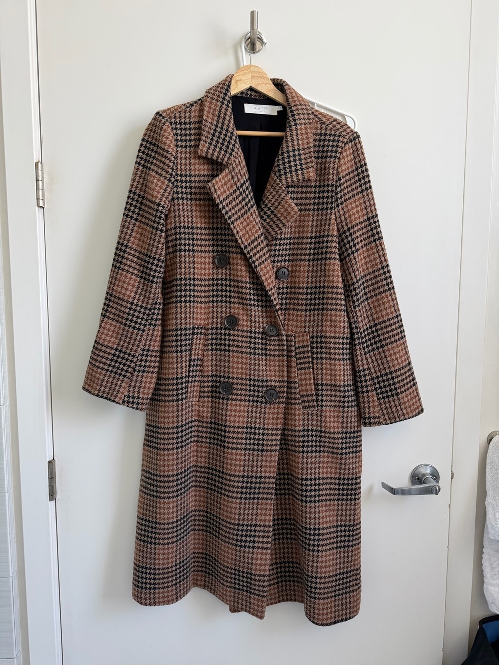 Astr Brown and Black Houndstooth Double-Breasted Coat